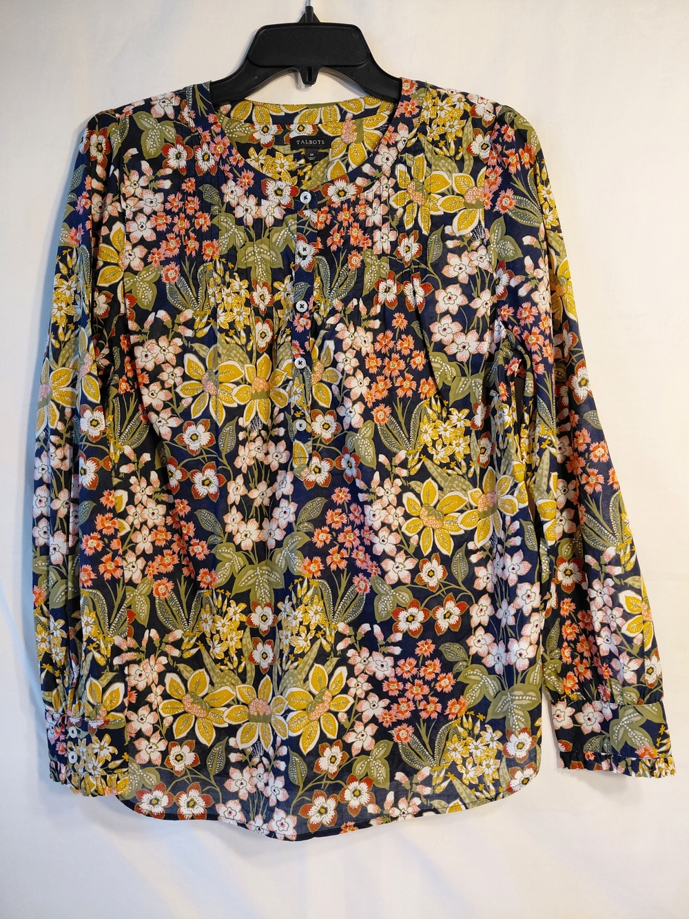 Talbots Women's Floral Popover Blouse - Green/Yellow/Pink On Blue Floral
